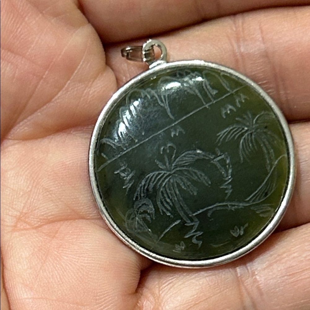 Green Carved Genuine Jade Pendant with Silver Frame